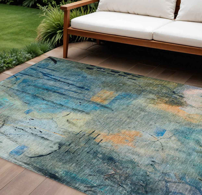 8' X 10' Teal Blue And Gold Abstract Washable Indoor Outdoor Area Rug