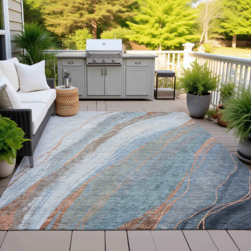 3' X 5' Blue And Copper Abstract Washable Indoor Outdoor Area Rug
