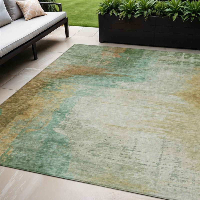 5' X 8' Artichoke Green Brown And Beige Abstract Washable Indoor Outdoor Area Rug