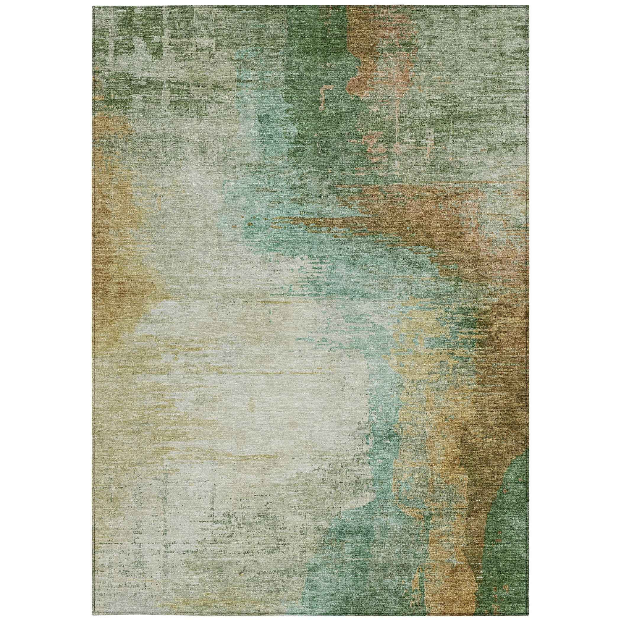 5' X 8' Artichoke Green Brown And Beige Abstract Washable Indoor Outdoor Area Rug