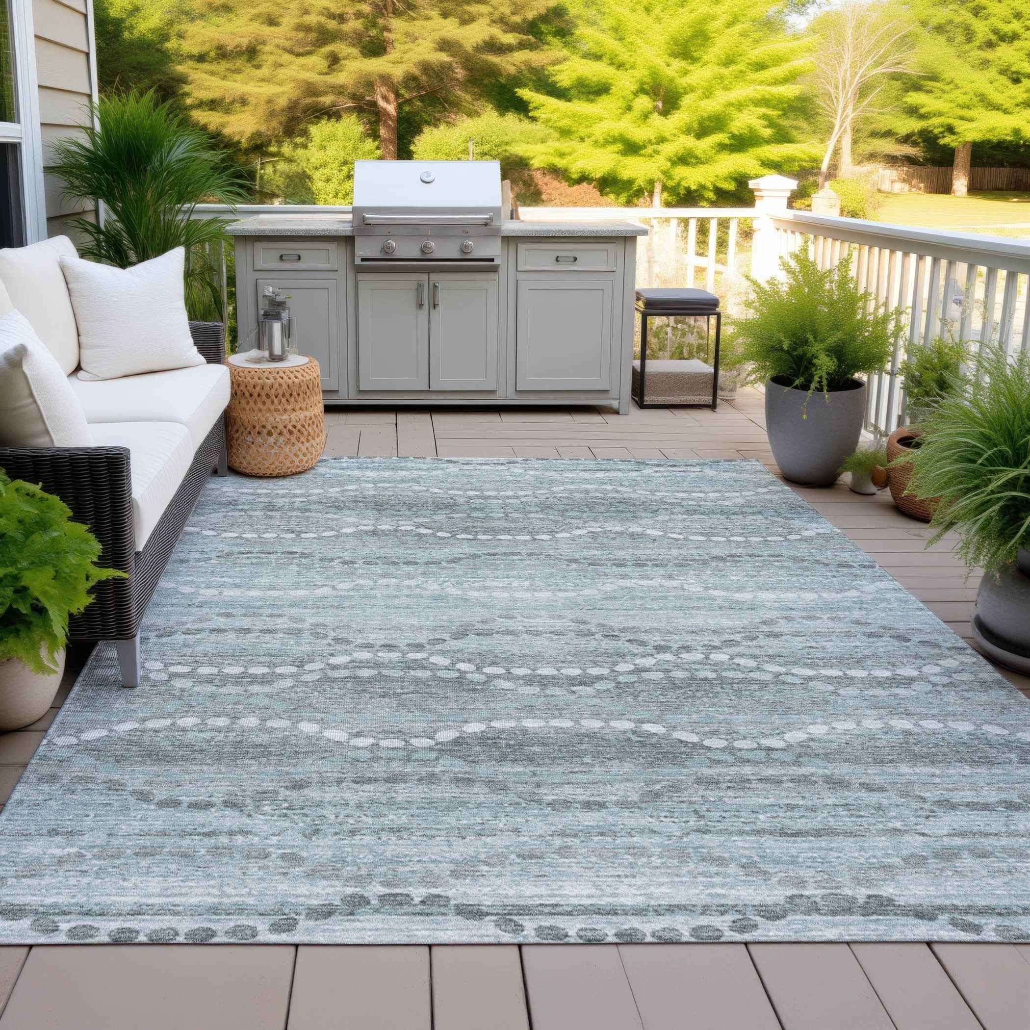 5' X 8' Teal Blue And Ivory Ogee Washable Indoor Outdoor Area Rug