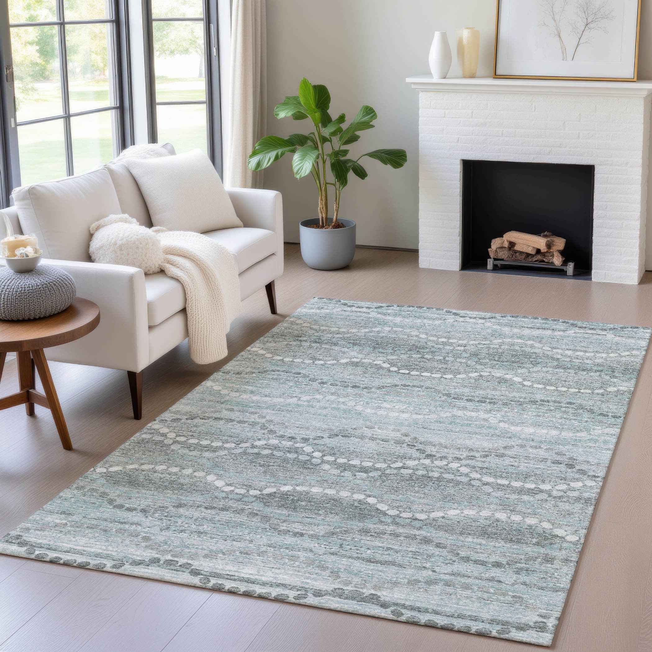 5' X 8' Teal Blue And Ivory Ogee Washable Indoor Outdoor Area Rug