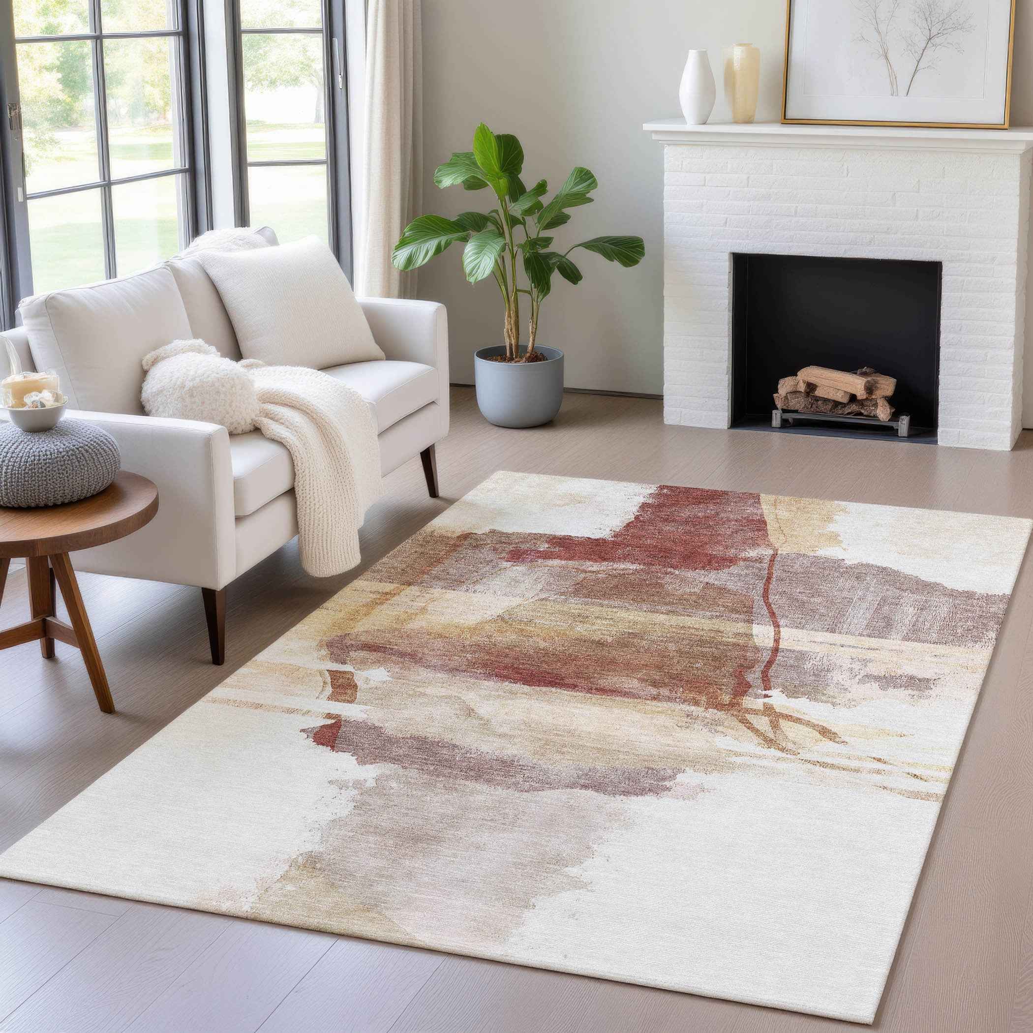 10' X 14' Terra Cotta And Ivory Abstract Washable Indoor Outdoor Area Rug