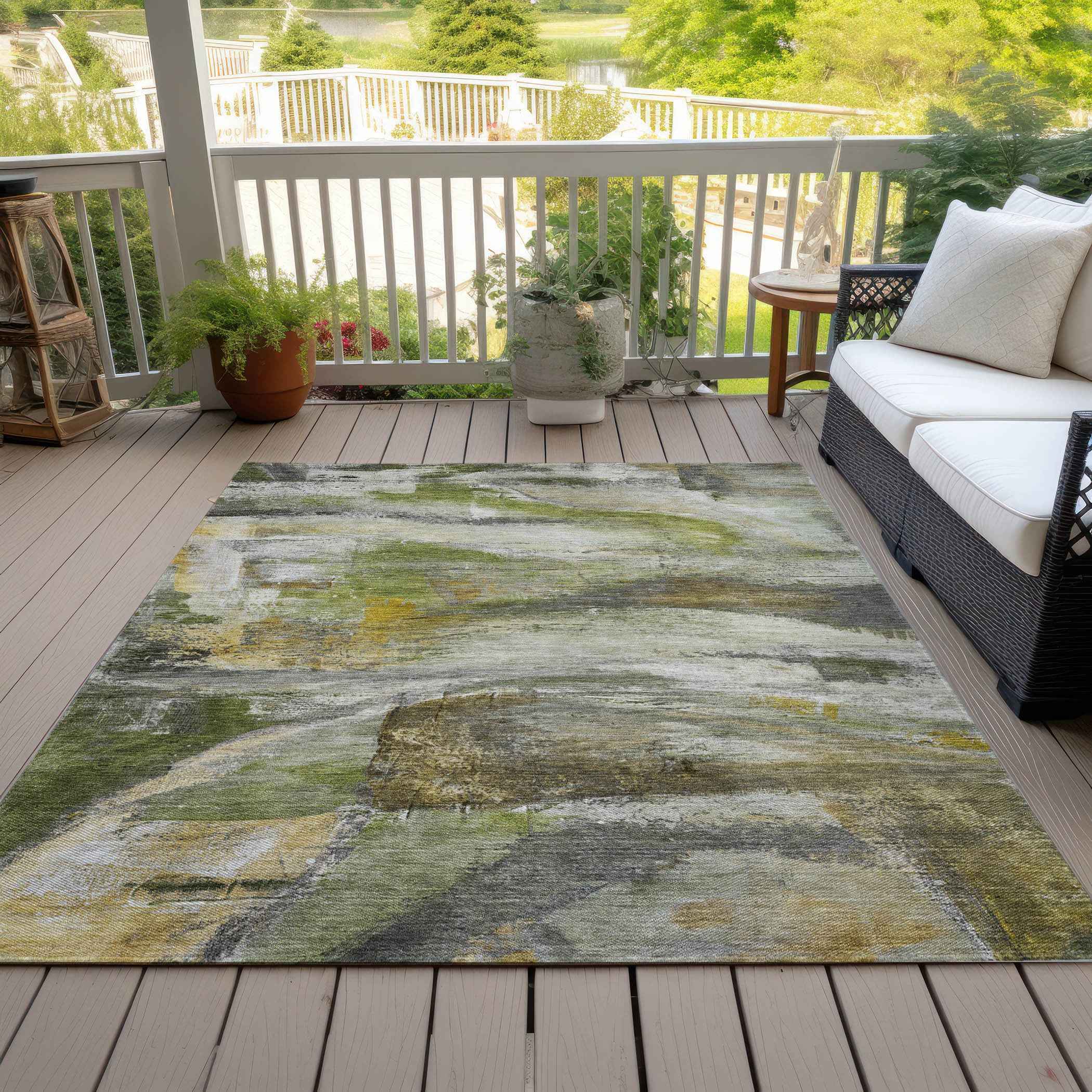 8' X 10' Olive Green Gray And Ivory Abstract Washable Indoor Outdoor Area Rug