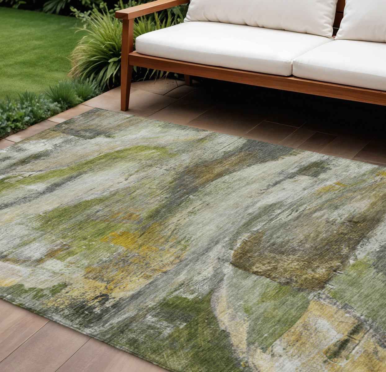8' X 10' Olive Green Gray And Ivory Abstract Washable Indoor Outdoor Area Rug