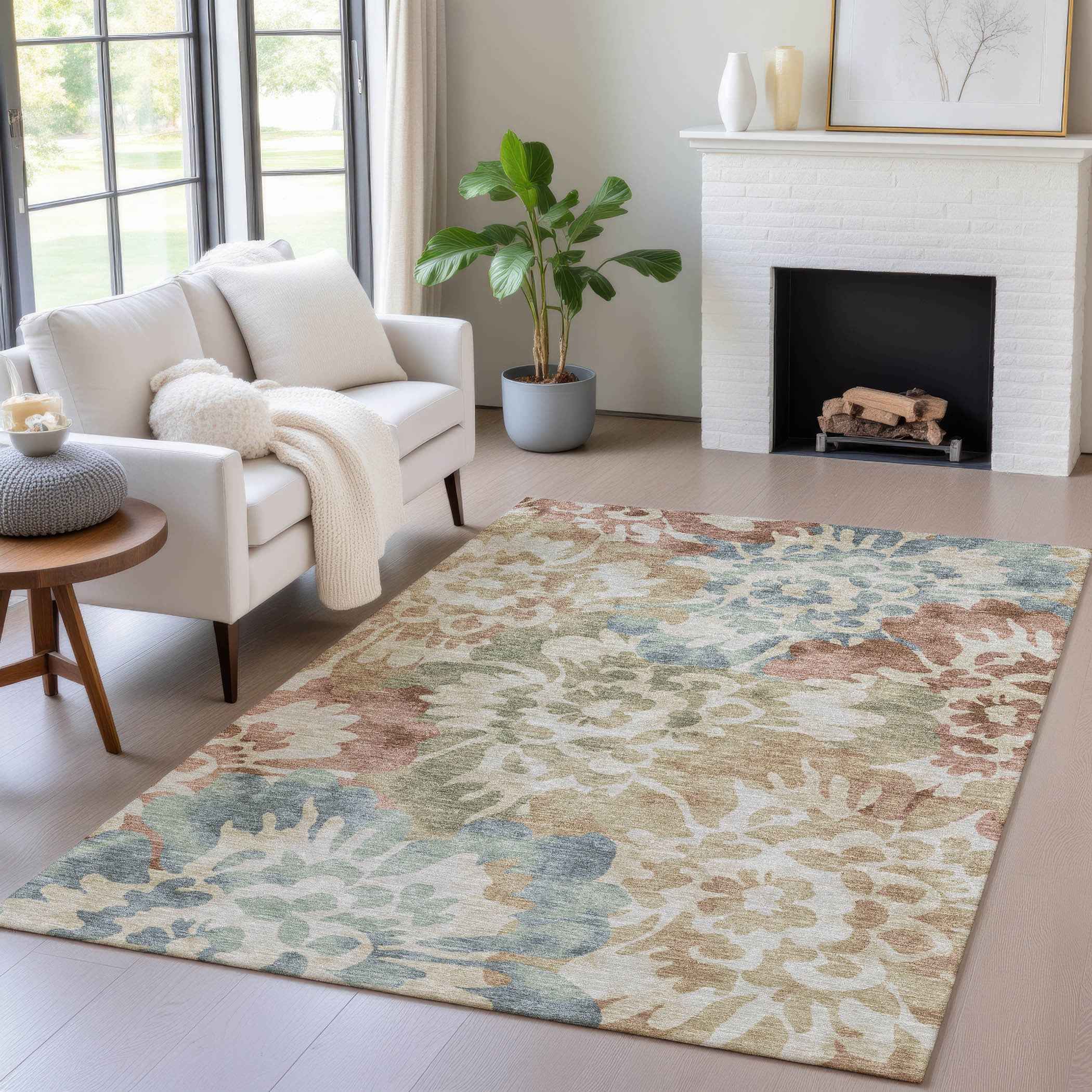 3' X 5' Rust And Beige Floral Washable Indoor Outdoor Area Rug