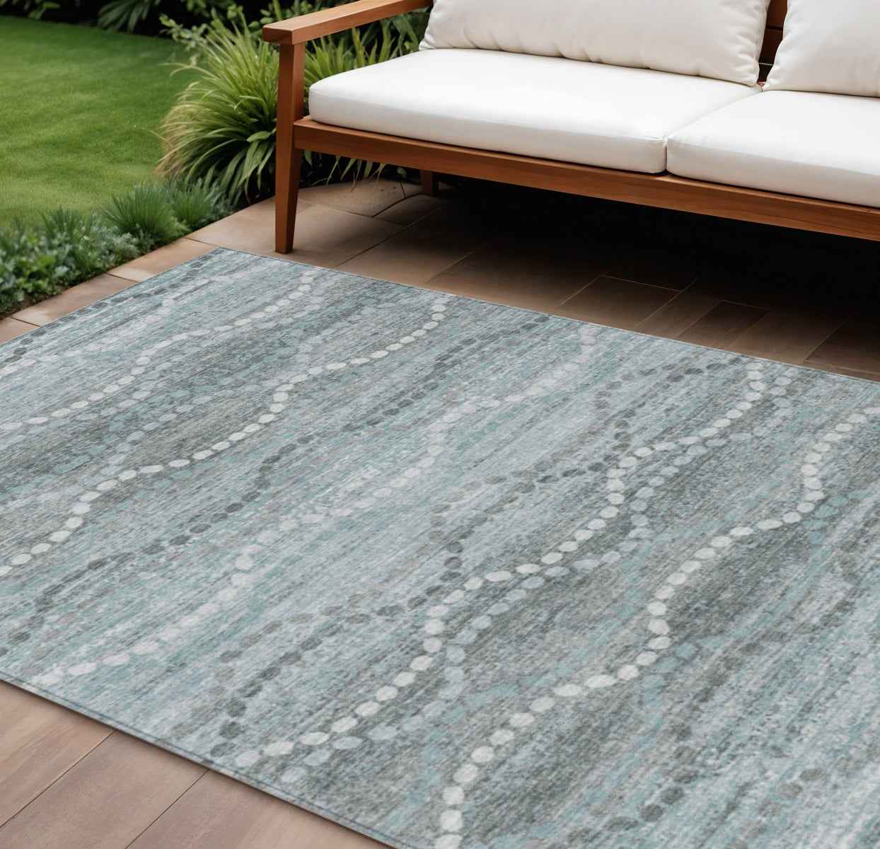8' X 10' Teal Blue And Ivory Ogee Washable Indoor Outdoor Area Rug