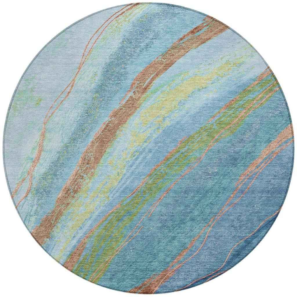 8' Blue Copper And Green Round Abstract Washable Indoor Outdoor Area Rug Default Title