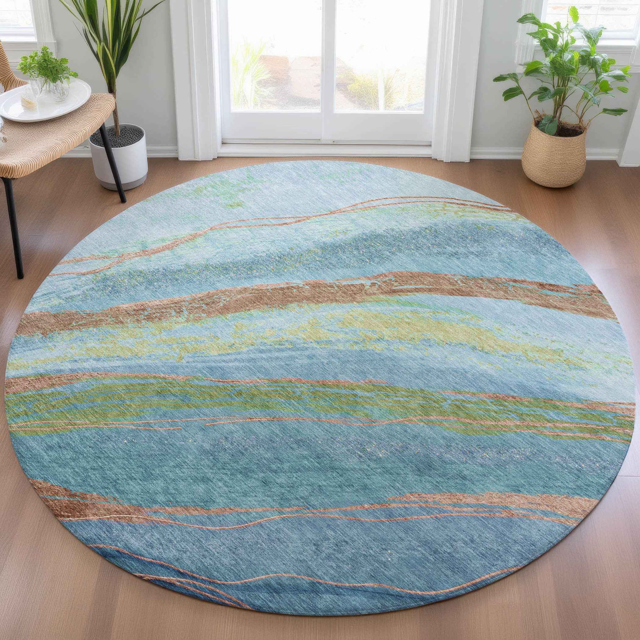 8' Blue Copper And Green Round Abstract Washable Indoor Outdoor Area Rug