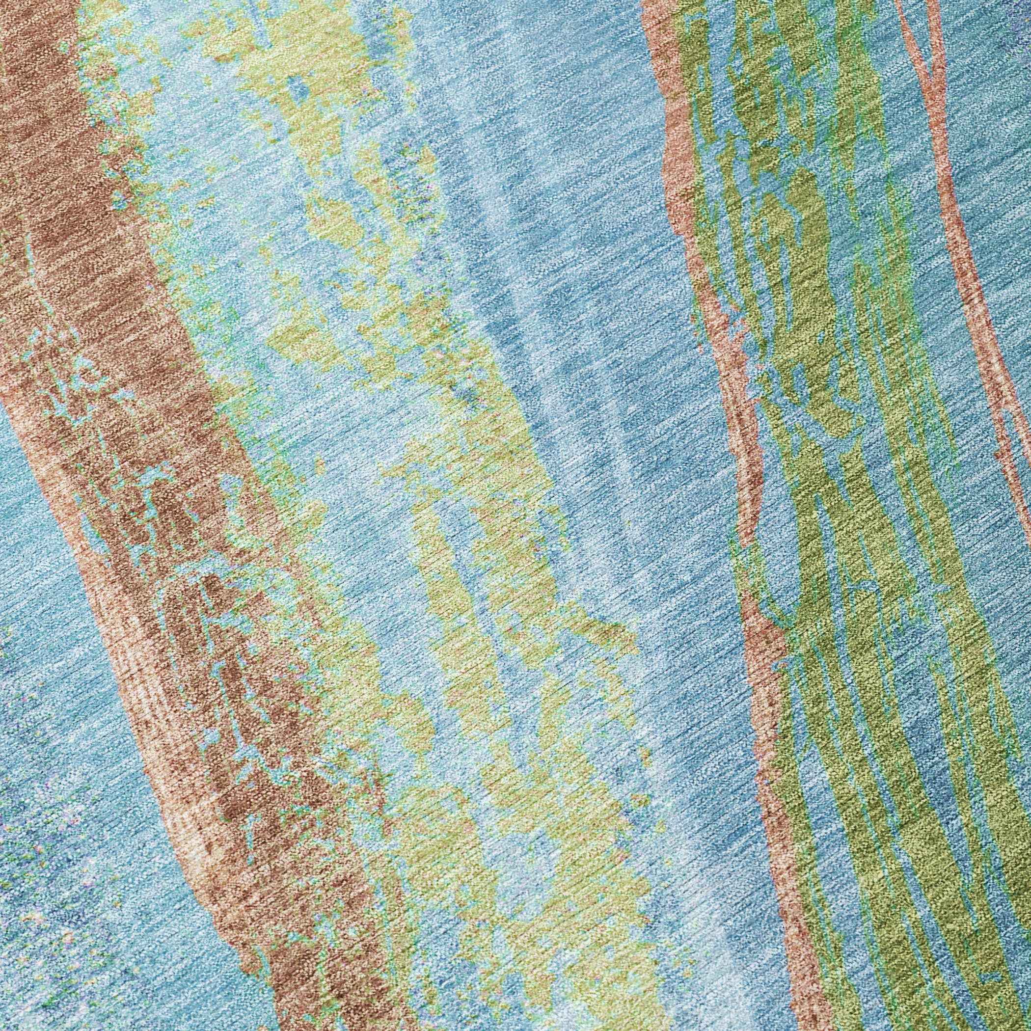 8' Blue Copper And Green Round Abstract Washable Indoor Outdoor Area Rug