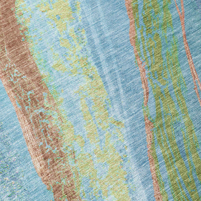 8' Blue Copper And Green Round Abstract Washable Indoor Outdoor Area Rug