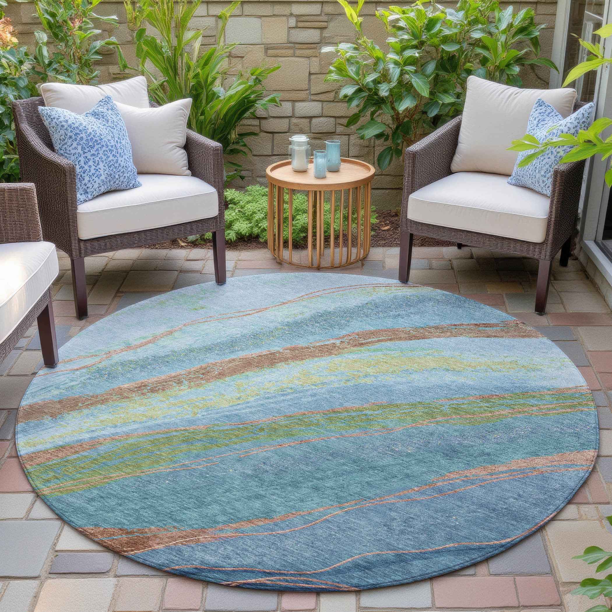 8' Blue Copper And Green Round Abstract Washable Indoor Outdoor Area Rug