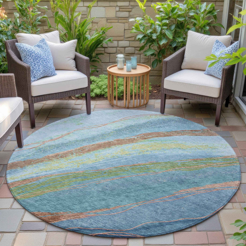 8' Blue Copper And Green Round Abstract Washable Indoor Outdoor Area Rug