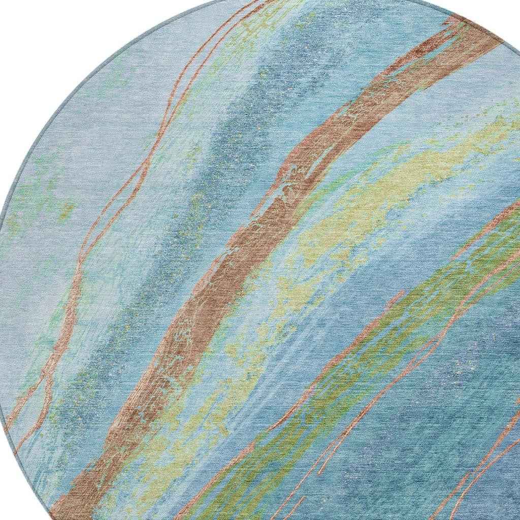 8' Blue Copper And Green Round Abstract Washable Indoor Outdoor Area Rug