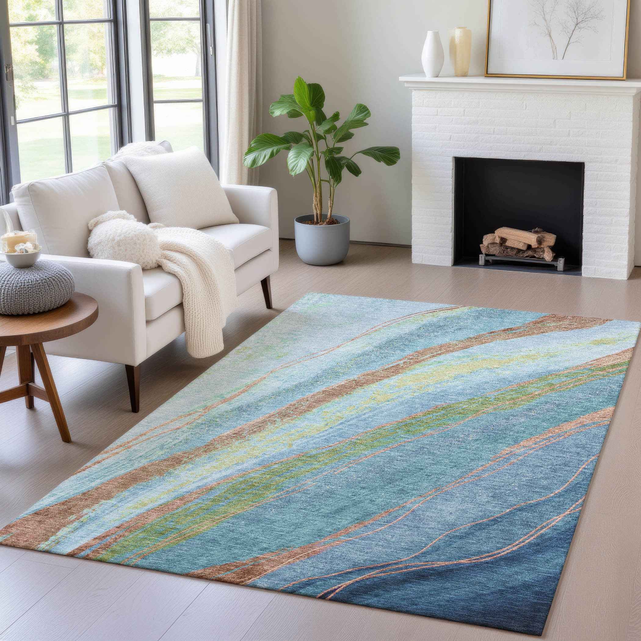 3' X 5' Blue Copper And Green Abstract Washable Indoor Outdoor Area Rug