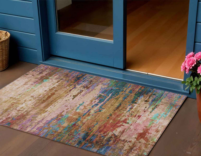 3' X 5' Sage Teal Blue And Blush Abstract Washable Indoor Outdoor Area Rug