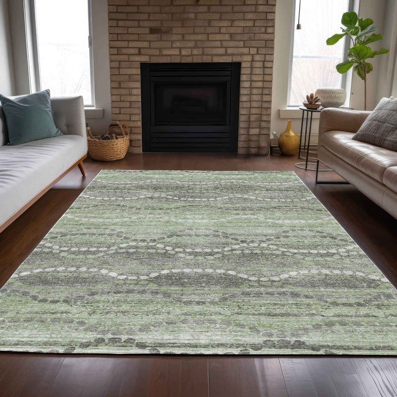 9' X 12' Green And Ivory Ogee Washable Indoor Outdoor Area Rug