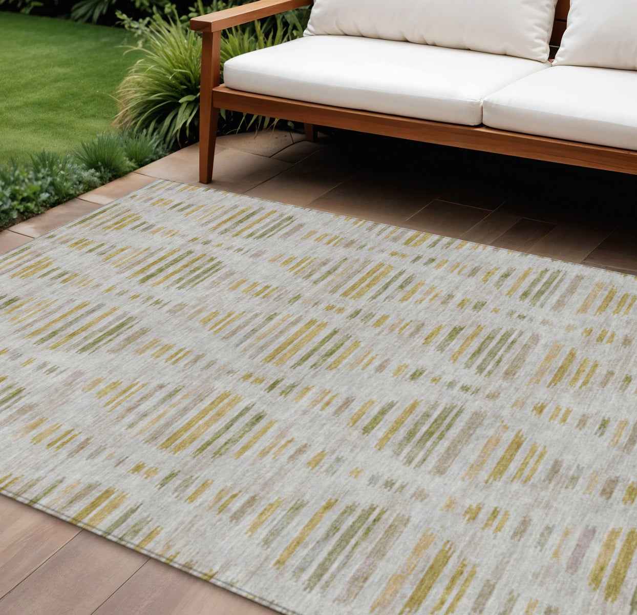 9' X 12' Ivory And Gold Striped Washable Indoor Outdoor Area Rug