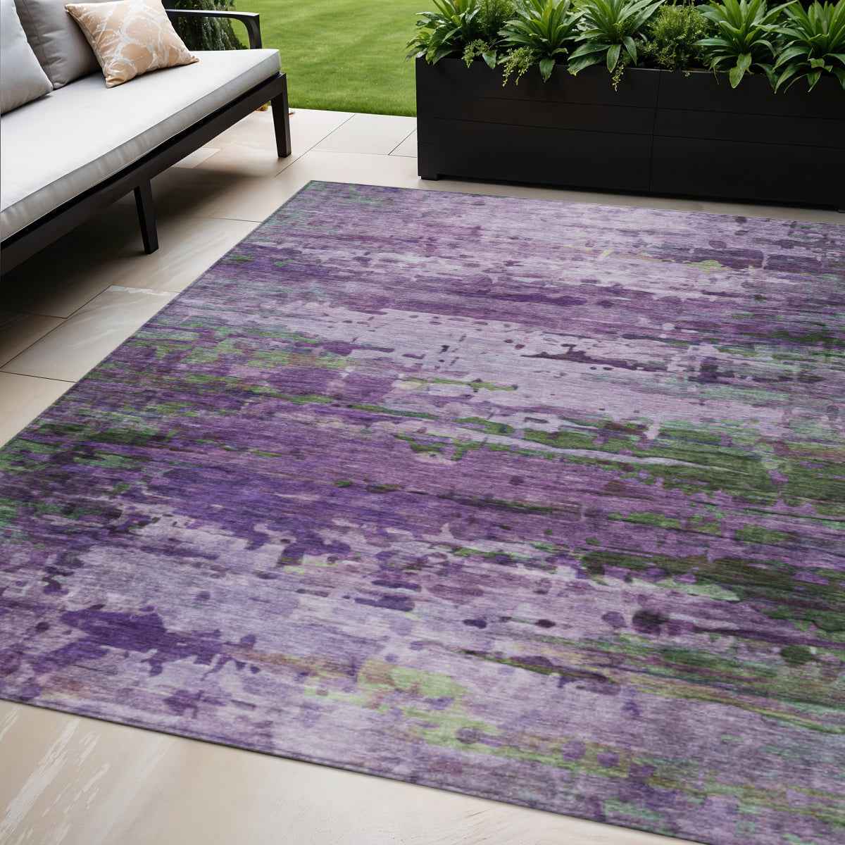 5' X 8' Purple Green And Charcoal Abstract Washable Indoor Outdoor Area Rug