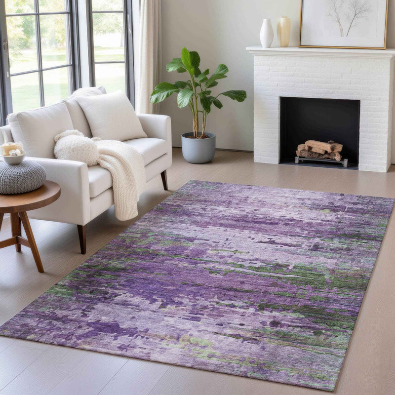 5' X 8' Purple Green And Charcoal Abstract Washable Indoor Outdoor Area Rug