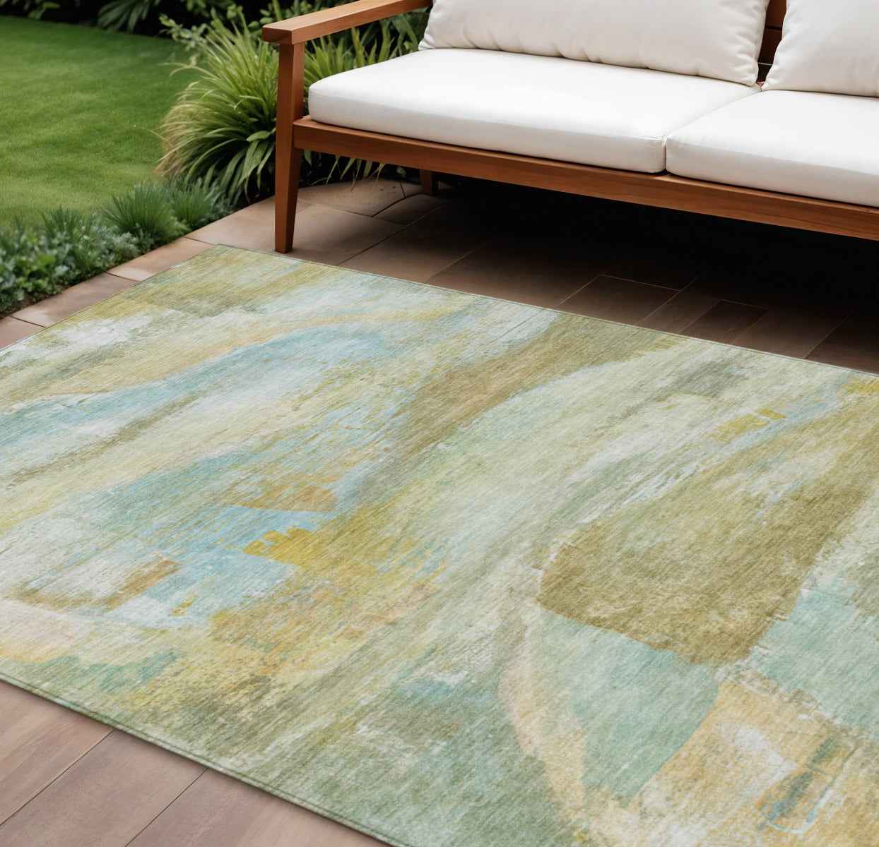 9' X 12' Beige Sky Blue And Ivory Abstract Washable Indoor Outdoor Area Rug