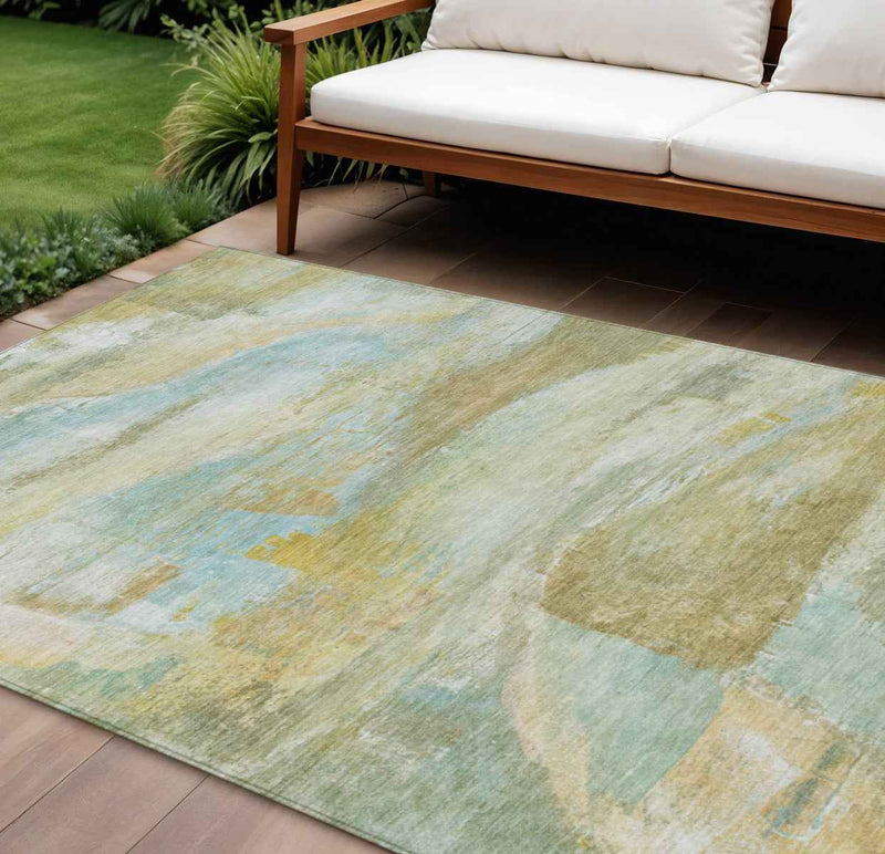 9' X 12' Beige Sky Blue And Ivory Abstract Washable Indoor Outdoor Area Rug