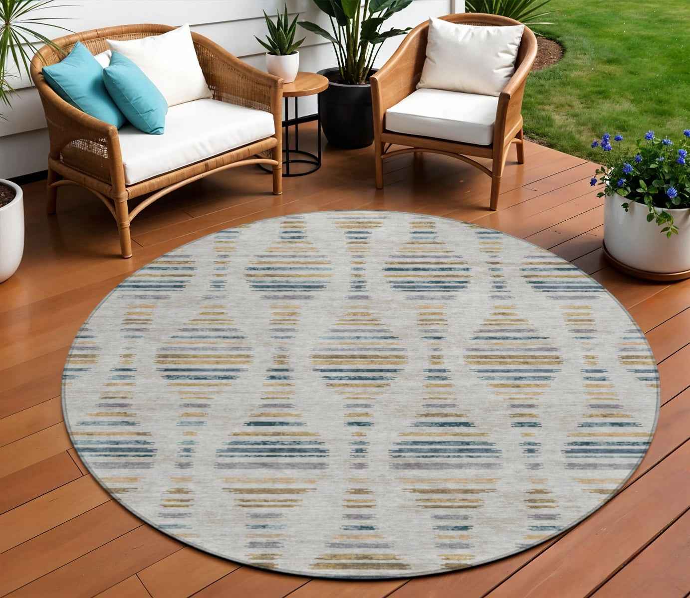 8' Linen And Navy Blue Round Striped Washable Indoor Outdoor Area Rug