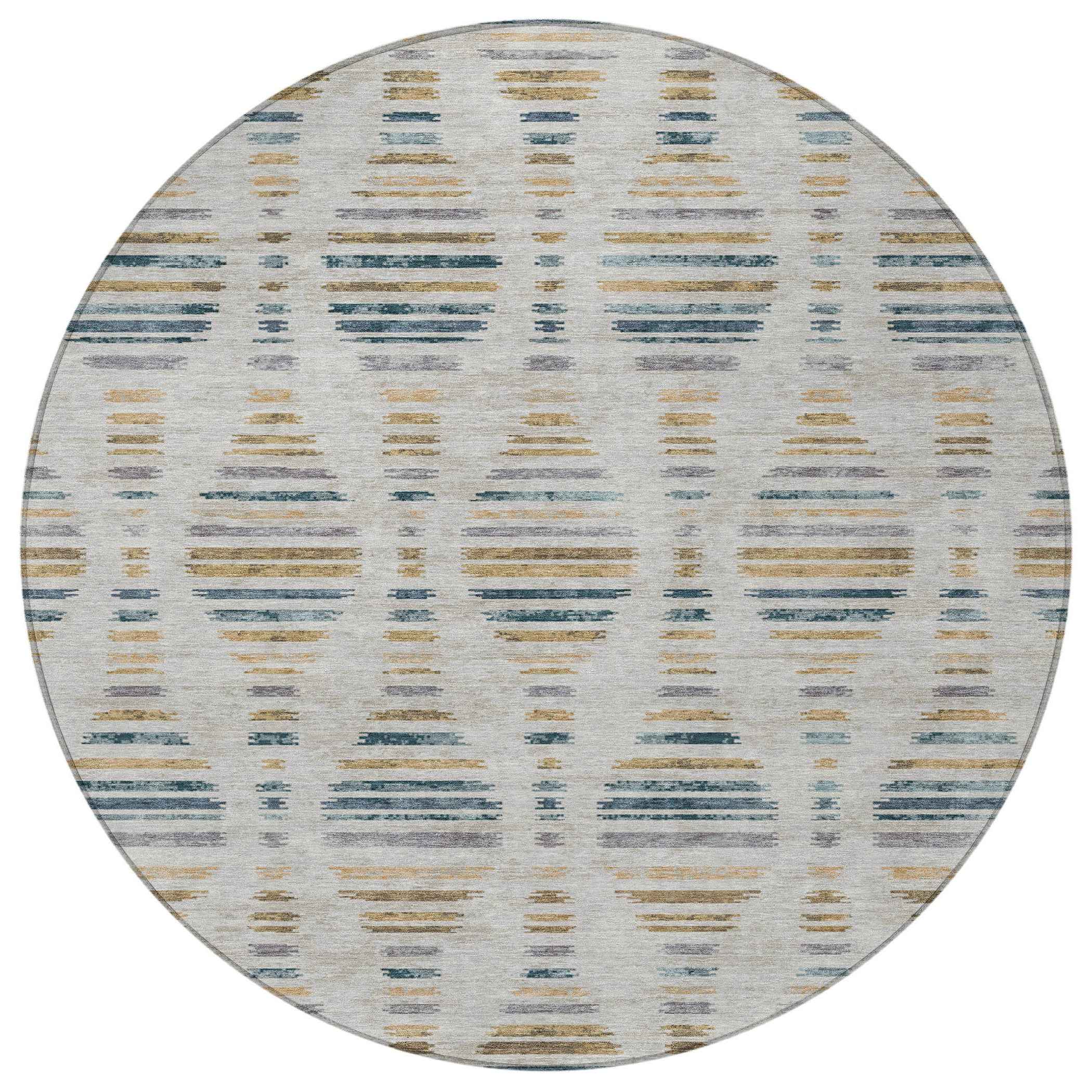 8' Linen And Navy Blue Round Striped Washable Indoor Outdoor Area Rug