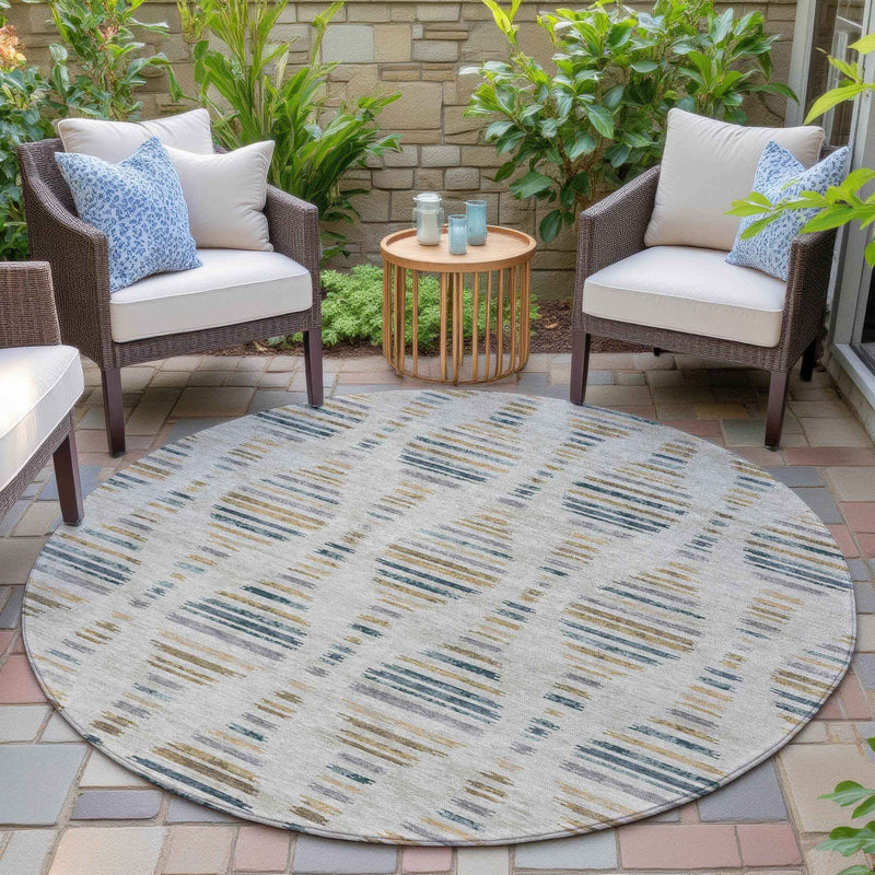 8' Linen And Navy Blue Round Striped Washable Indoor Outdoor Area Rug