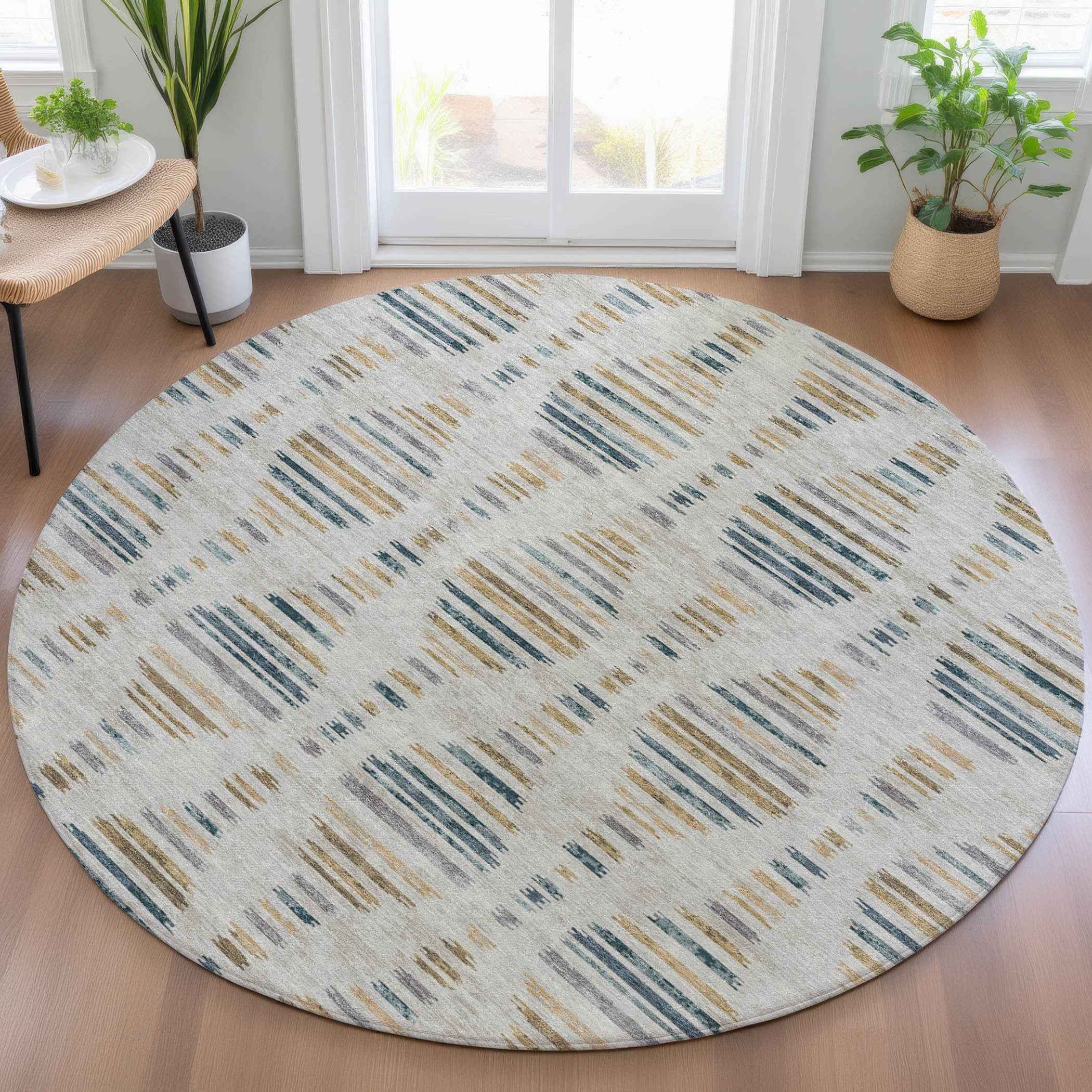 8' Linen And Navy Blue Round Striped Washable Indoor Outdoor Area Rug