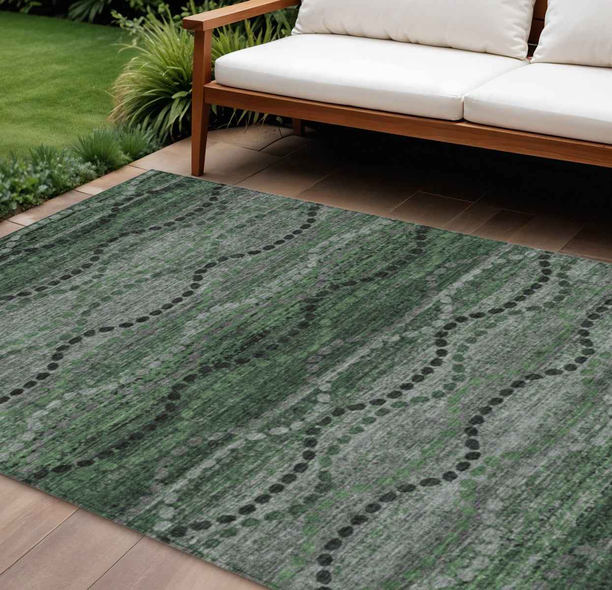 10' X 14' Olive Green And Gray Ogee Washable Indoor Outdoor Area Rug
