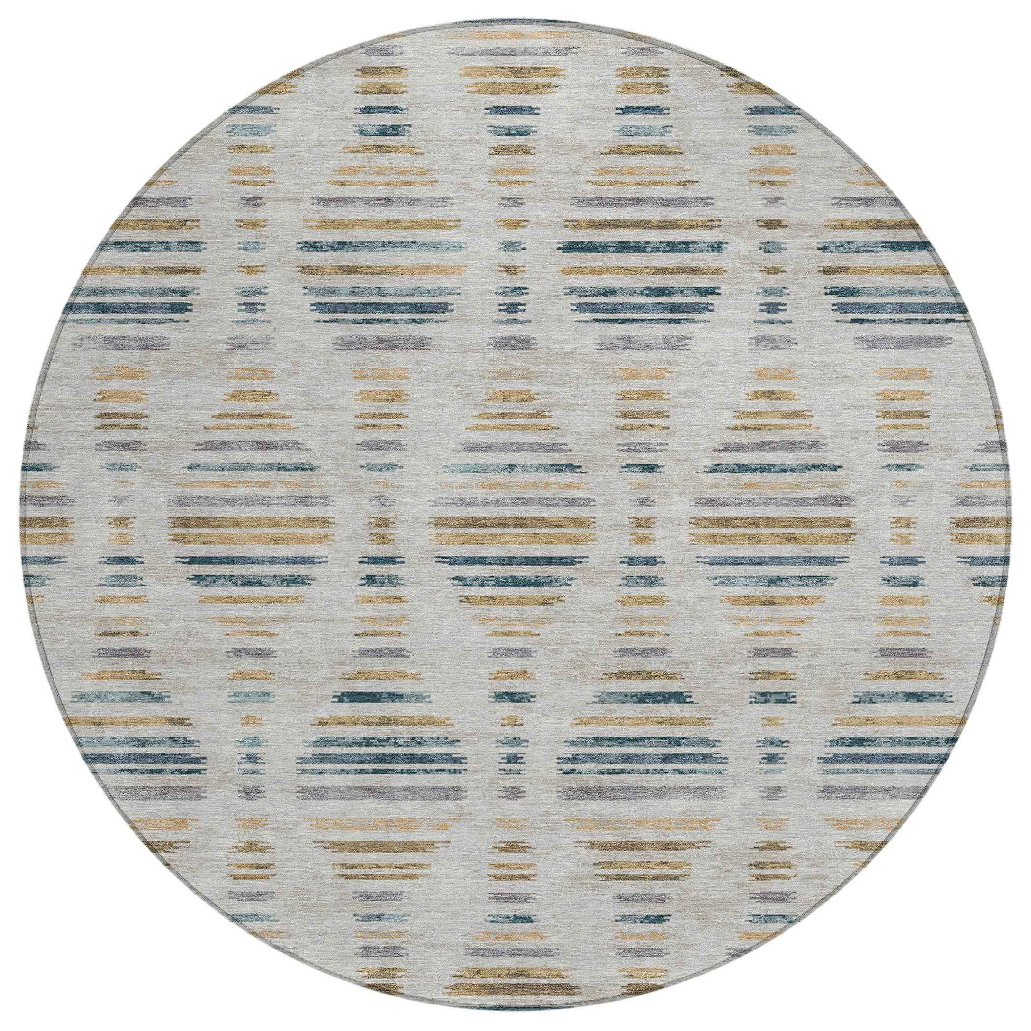 8' Linen And Navy Blue Round Striped Washable Indoor Outdoor Area Rug