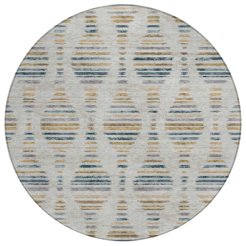 8' Linen And Navy Blue Round Striped Washable Indoor Outdoor Area Rug