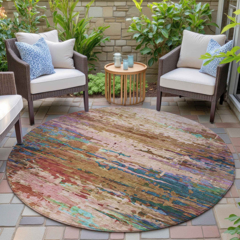 8' Sage Teal Blue And Blush Round Abstract Washable Indoor Outdoor Area Rug