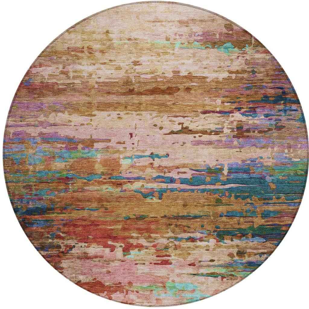 8' Sage Teal Blue And Blush Round Abstract Washable Indoor Outdoor Area Rug