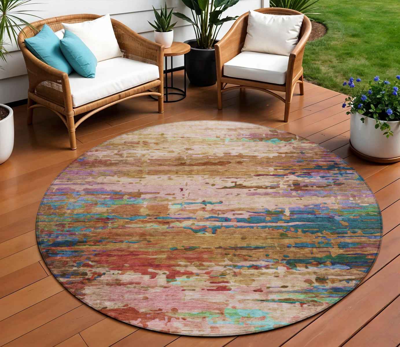 8' Sage Teal Blue And Blush Round Abstract Washable Indoor Outdoor Area Rug