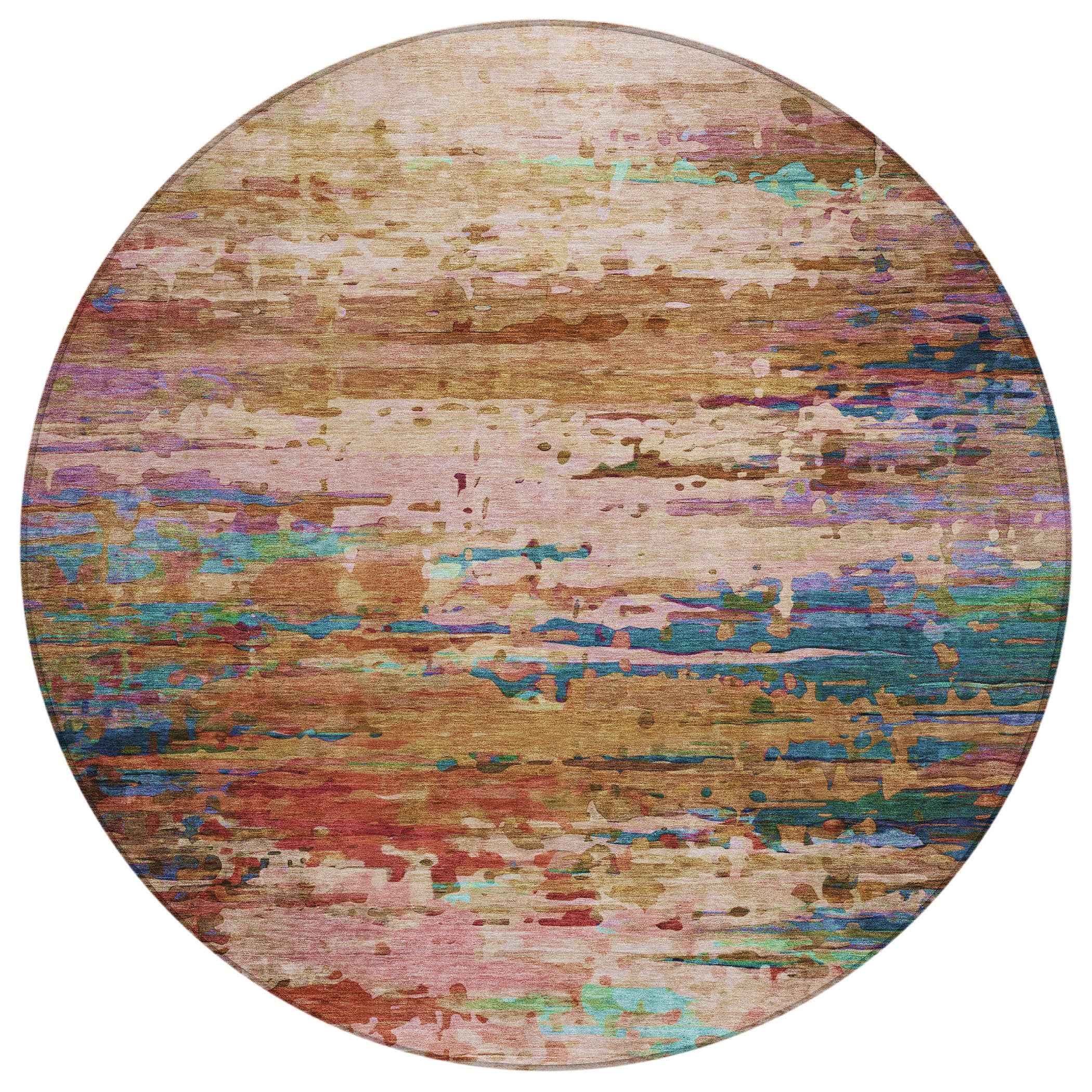 8' Sage Teal Blue And Blush Round Abstract Washable Indoor Outdoor Area Rug