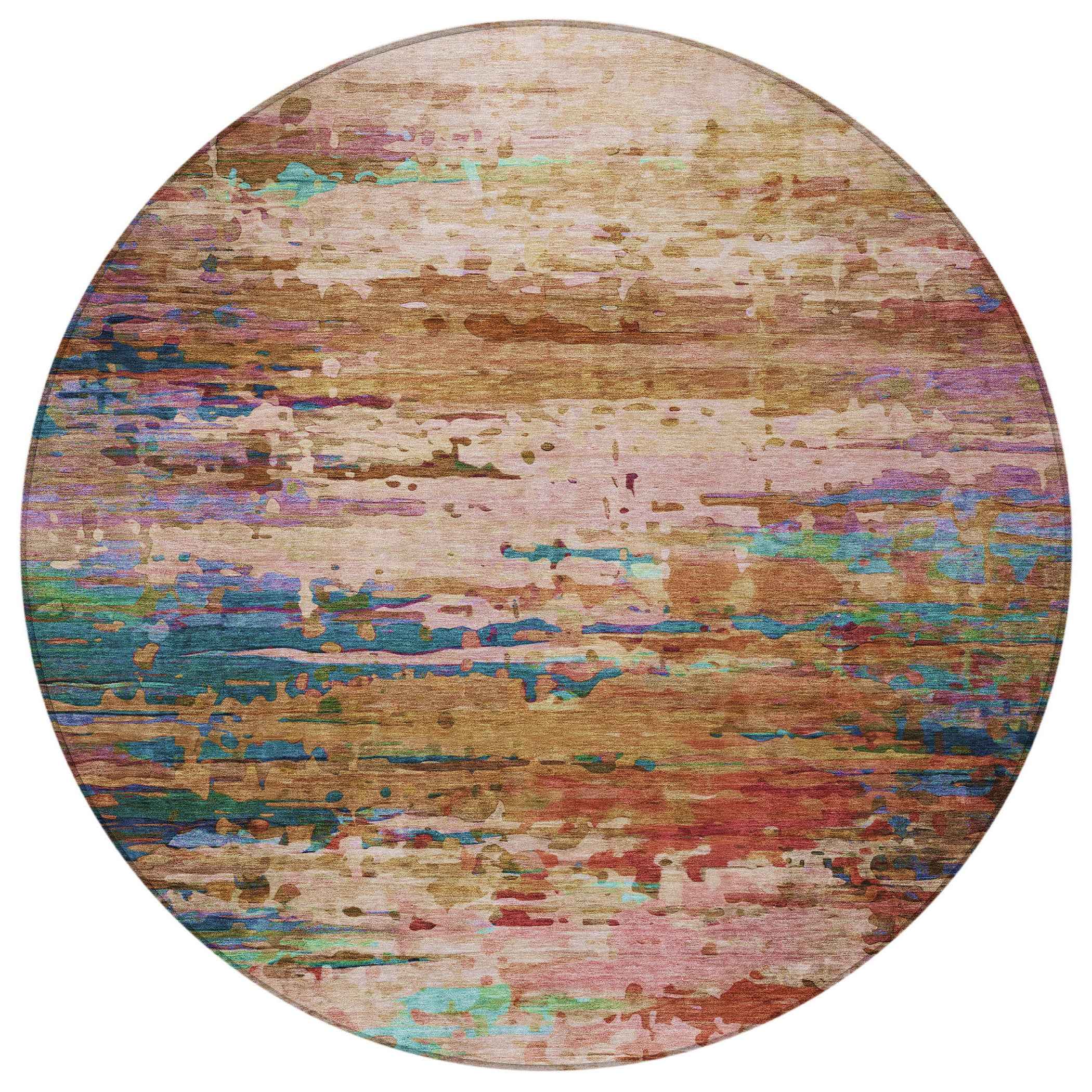 8' Sage Teal Blue And Blush Round Abstract Washable Indoor Outdoor Area Rug