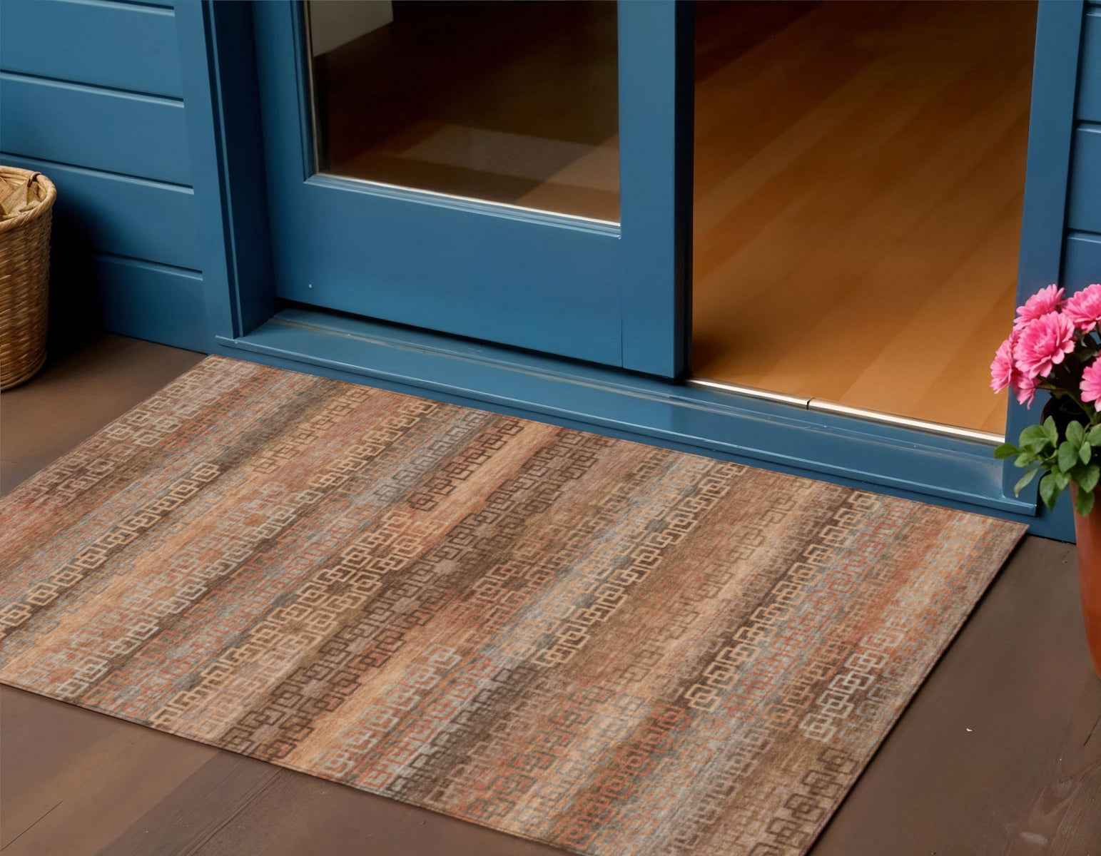 3' X 5' Copper And Peach Striped Washable Indoor Outdoor Area Rug