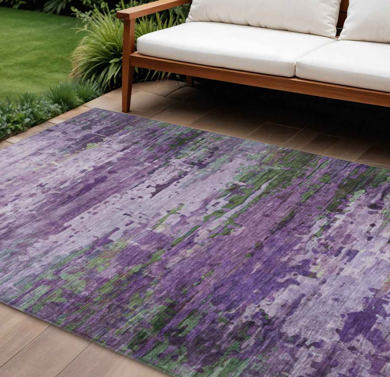 10' X 14' Purple Green And Charcoal Abstract Washable Indoor Outdoor Area Rug