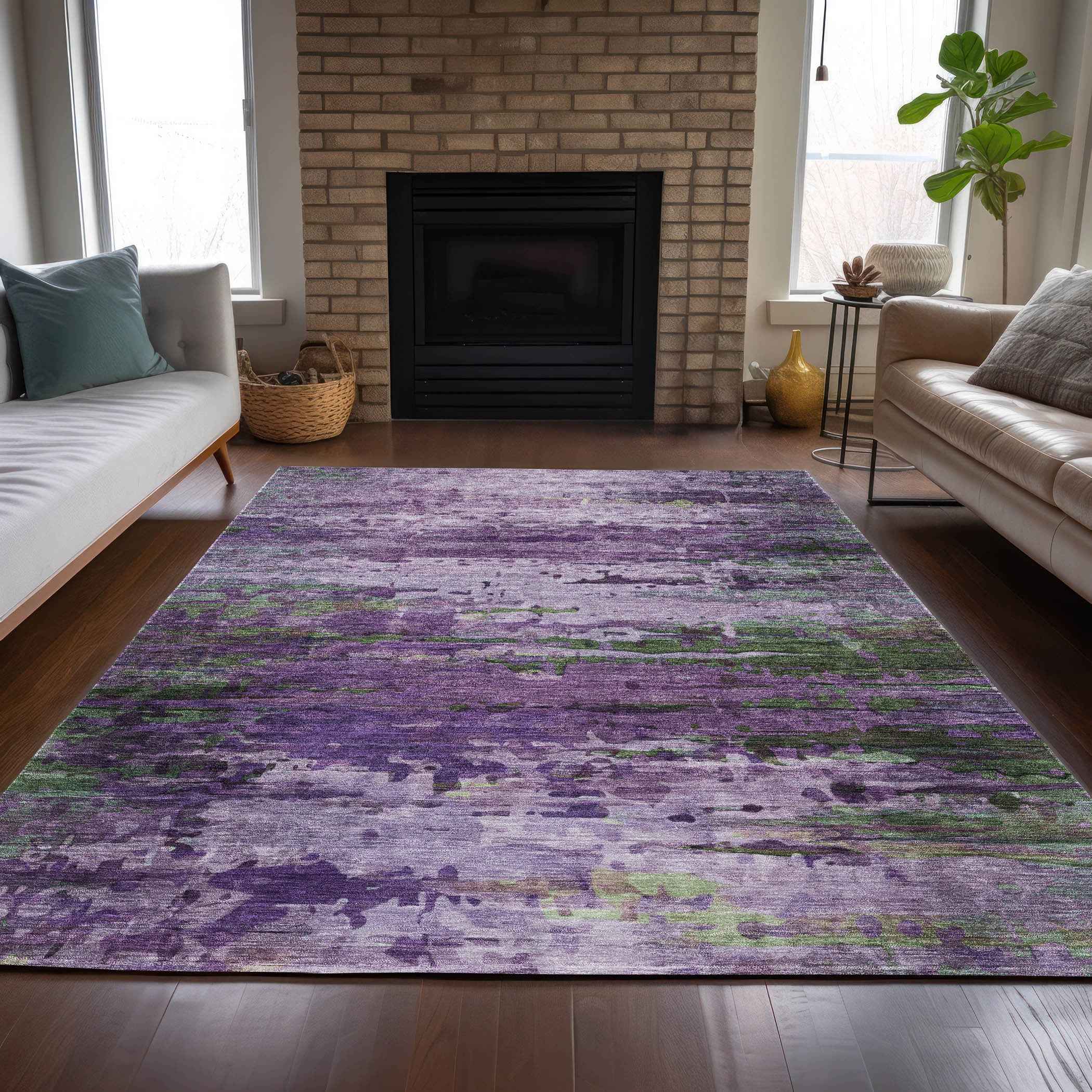 10' X 14' Purple Green And Charcoal Abstract Washable Indoor Outdoor Area Rug