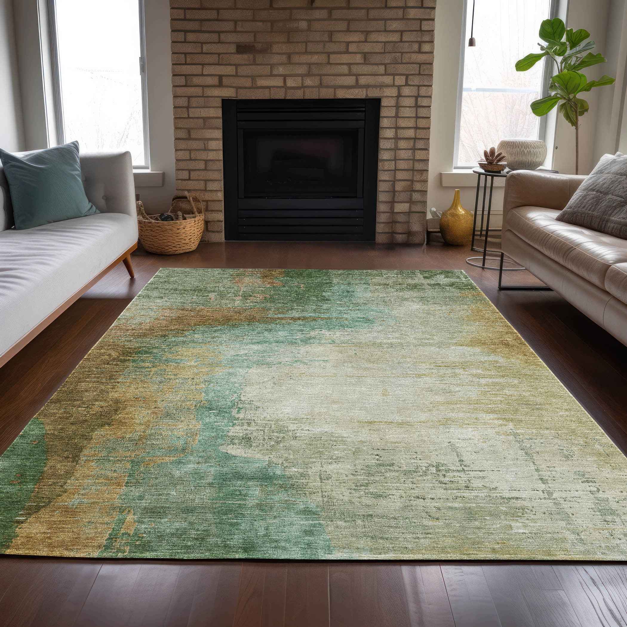 10' X 14' Artichoke Green Brown And Beige Abstract Washable Indoor Outdoor Area Rug