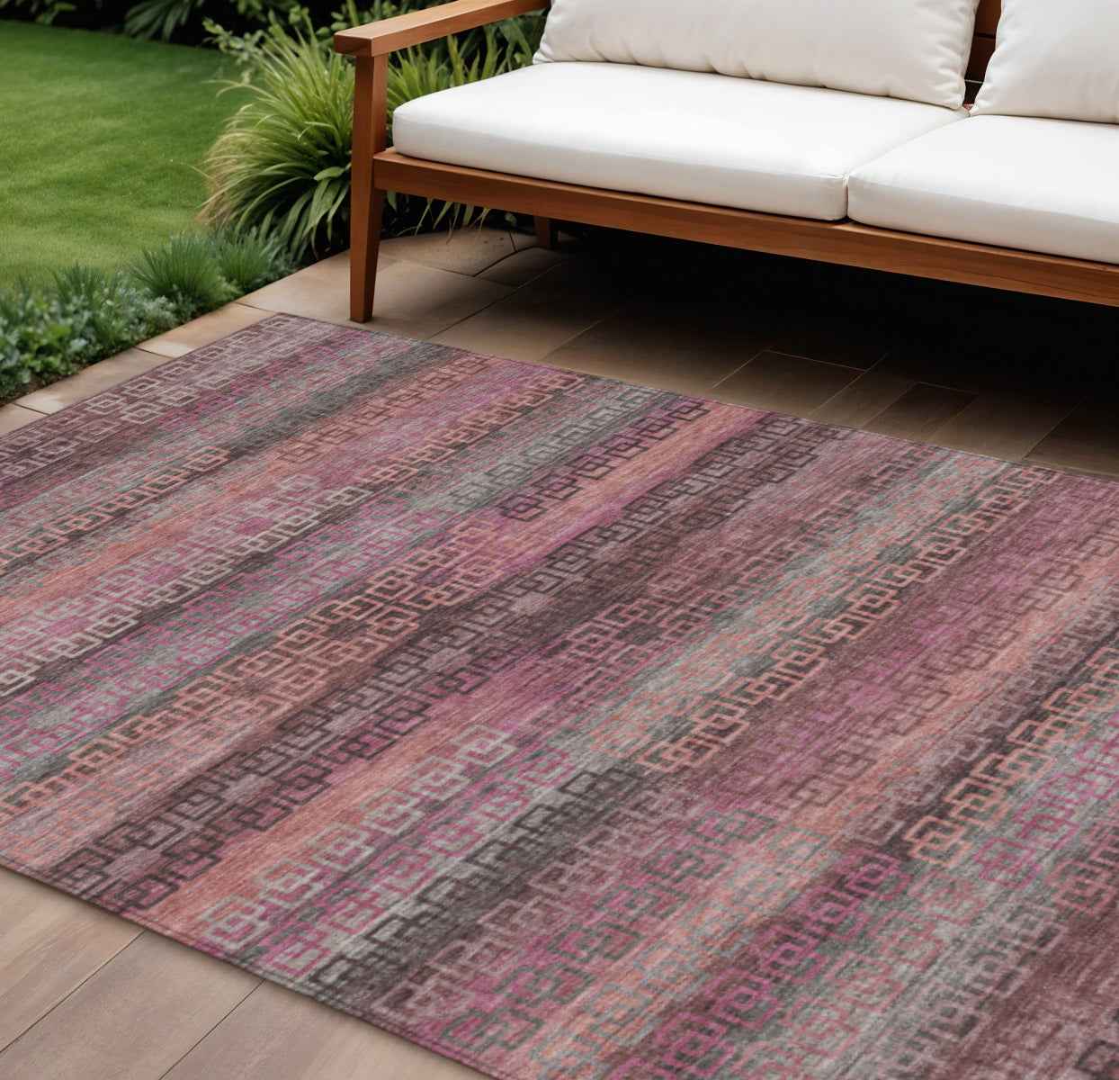 9' X 12' Pink And Gray Striped Washable Indoor Outdoor Area Rug