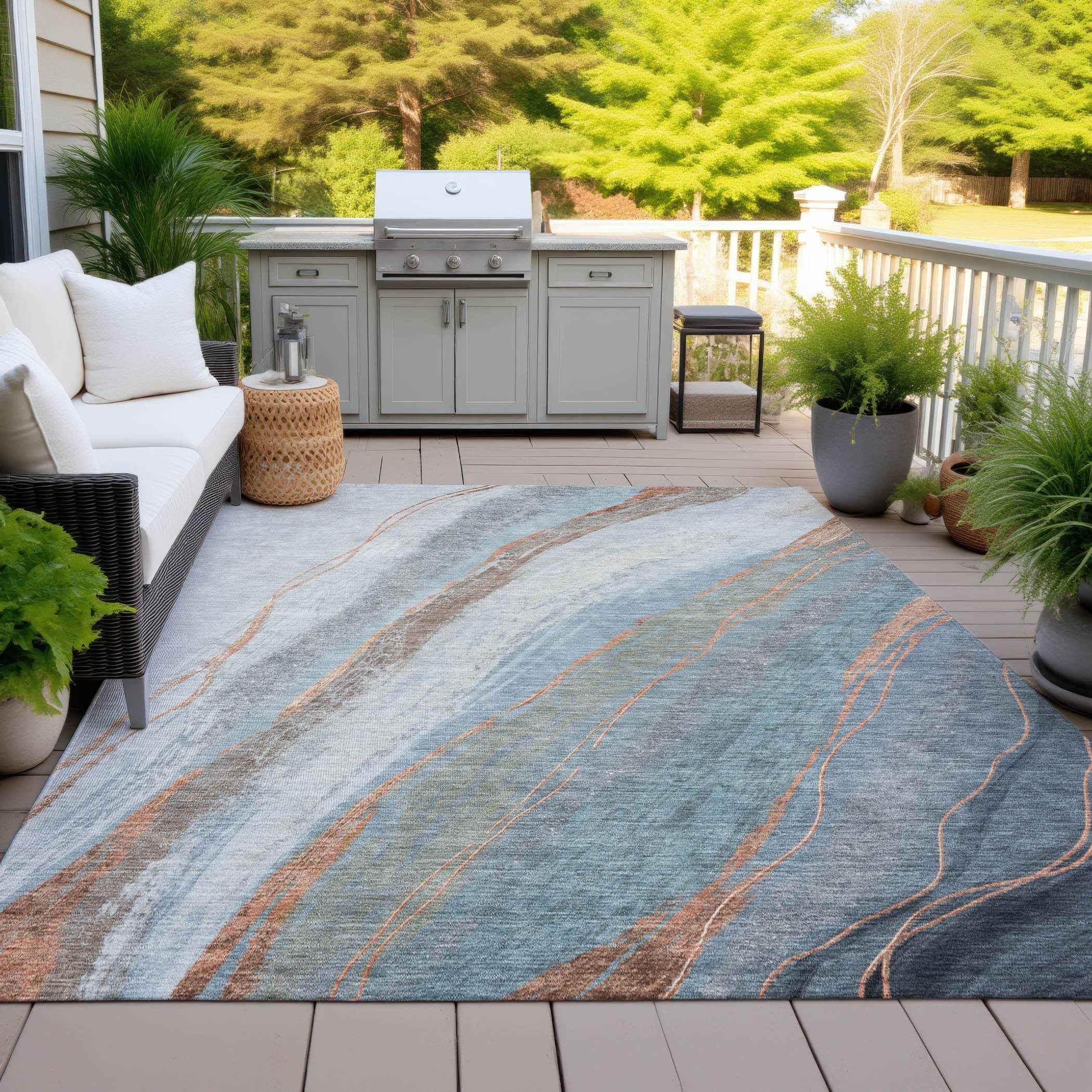 10' X 14' Blue And Copper Abstract Washable Indoor Outdoor Area Rug