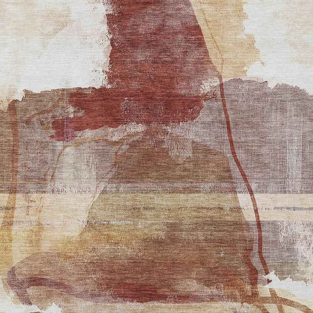 3' X 5' Terra Cotta And Ivory Abstract Washable Indoor Outdoor Area Rug