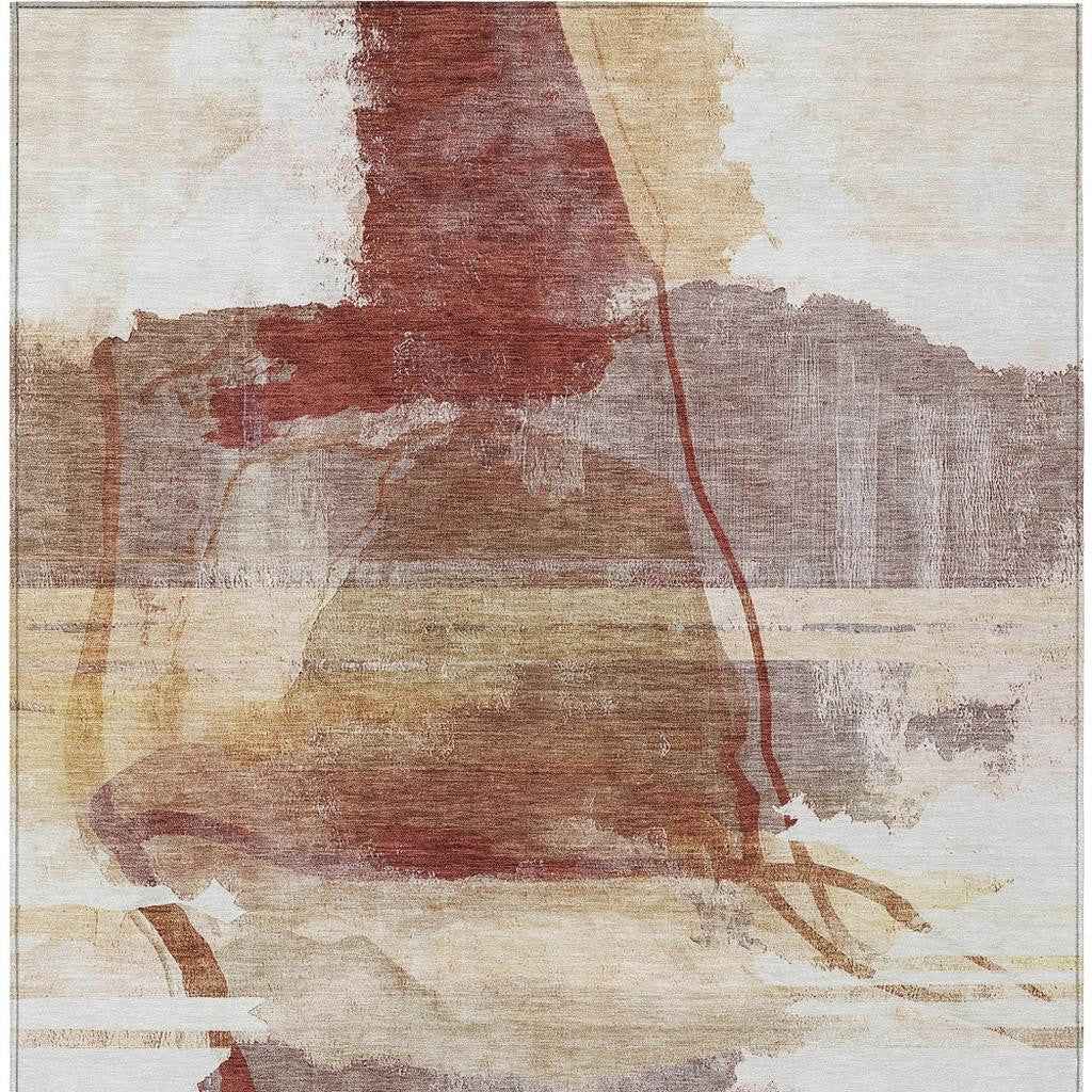 3' X 5' Terra Cotta And Ivory Abstract Washable Indoor Outdoor Area Rug