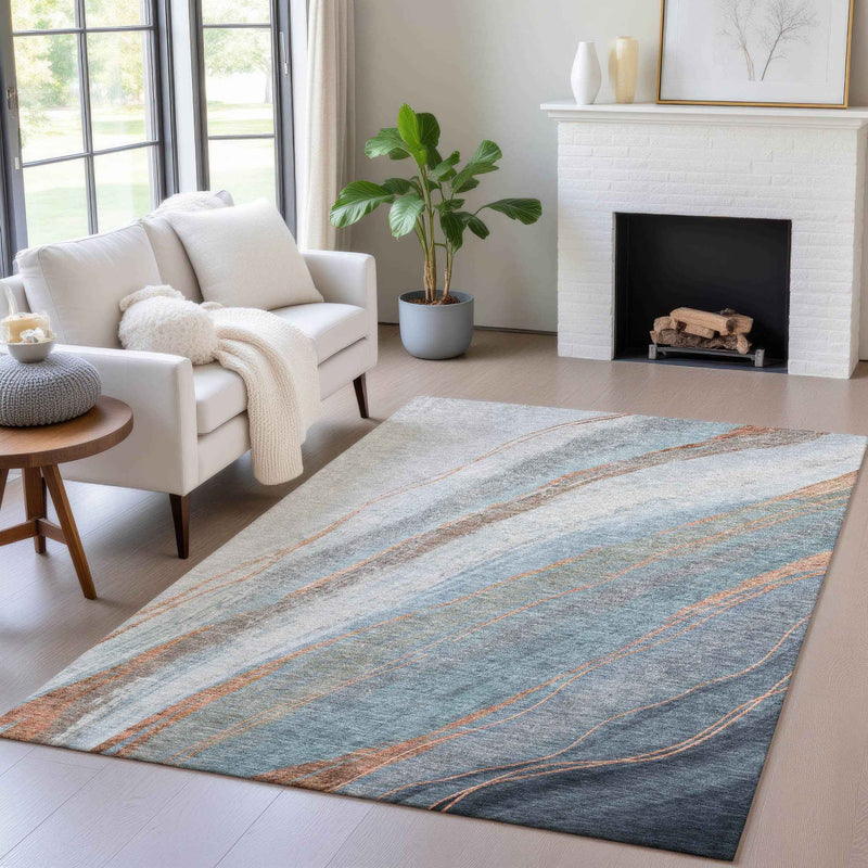 10' X 14' Blue And Copper Abstract Washable Indoor Outdoor Area Rug