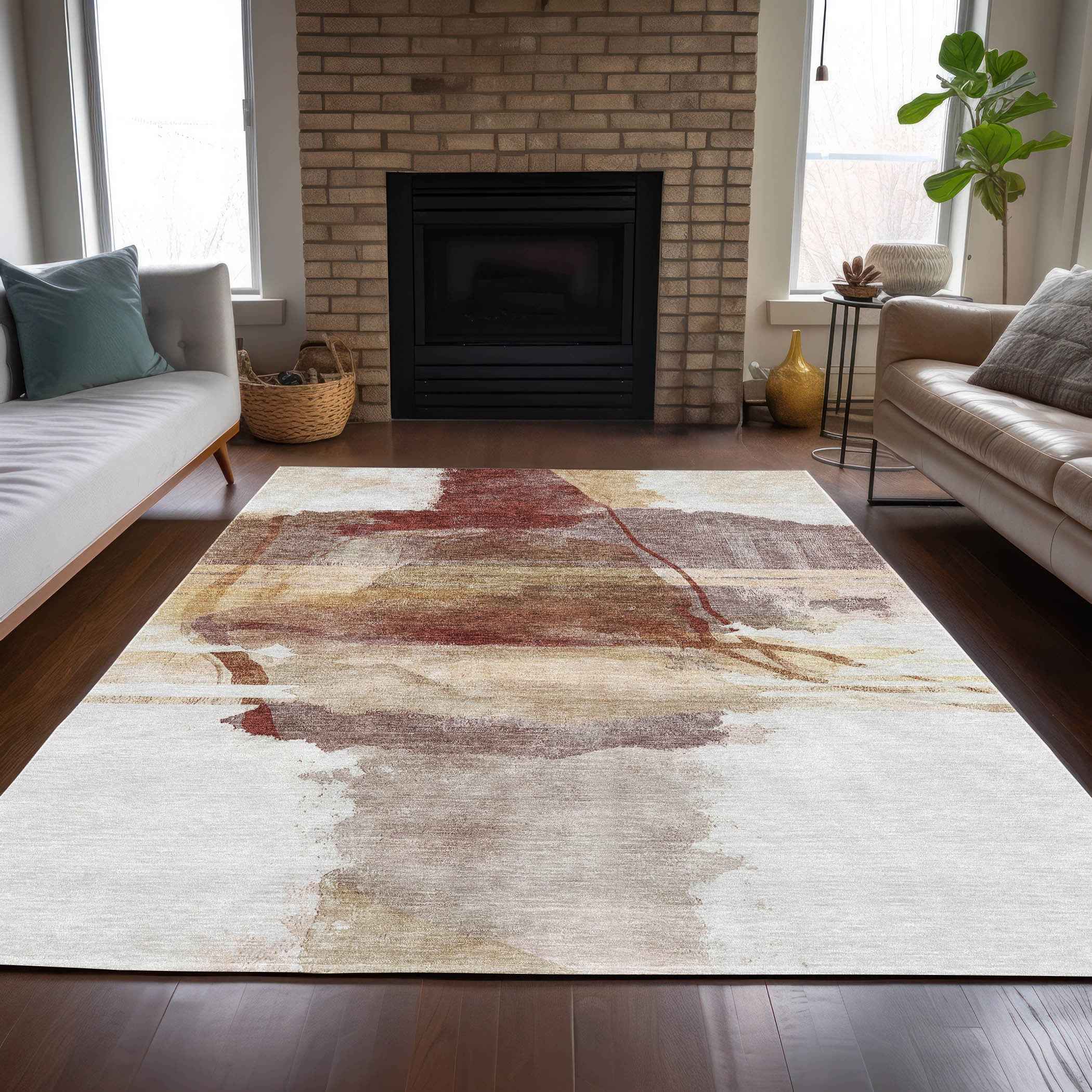 3' X 5' Terra Cotta And Ivory Abstract Washable Indoor Outdoor Area Rug