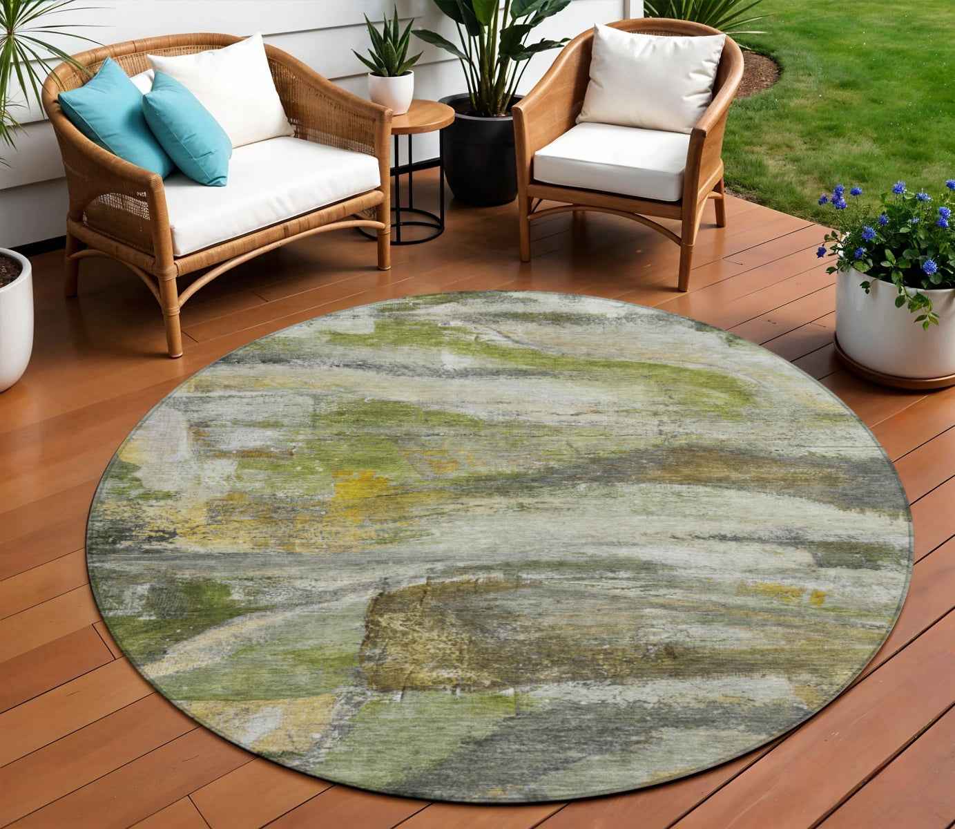 8' Olive Green Gray And Ivory Round Abstract Washable Indoor Outdoor Area Rug