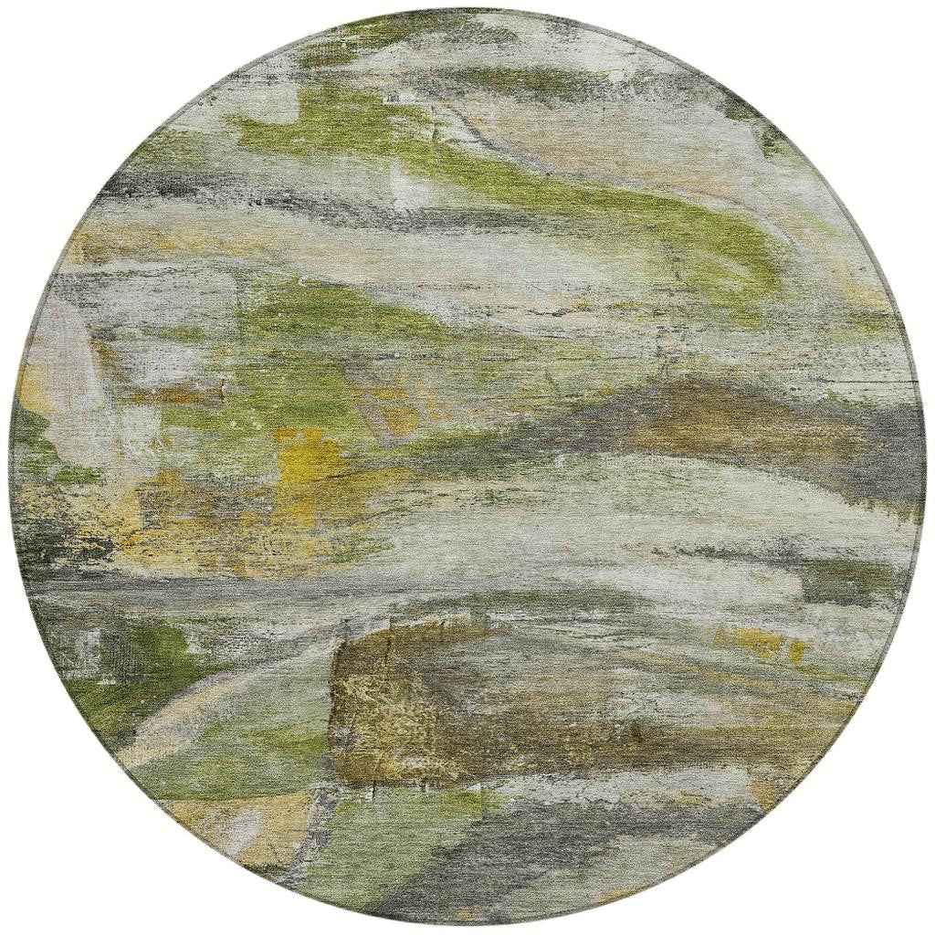 8' Olive Green Gray And Ivory Round Abstract Washable Indoor Outdoor Area Rug